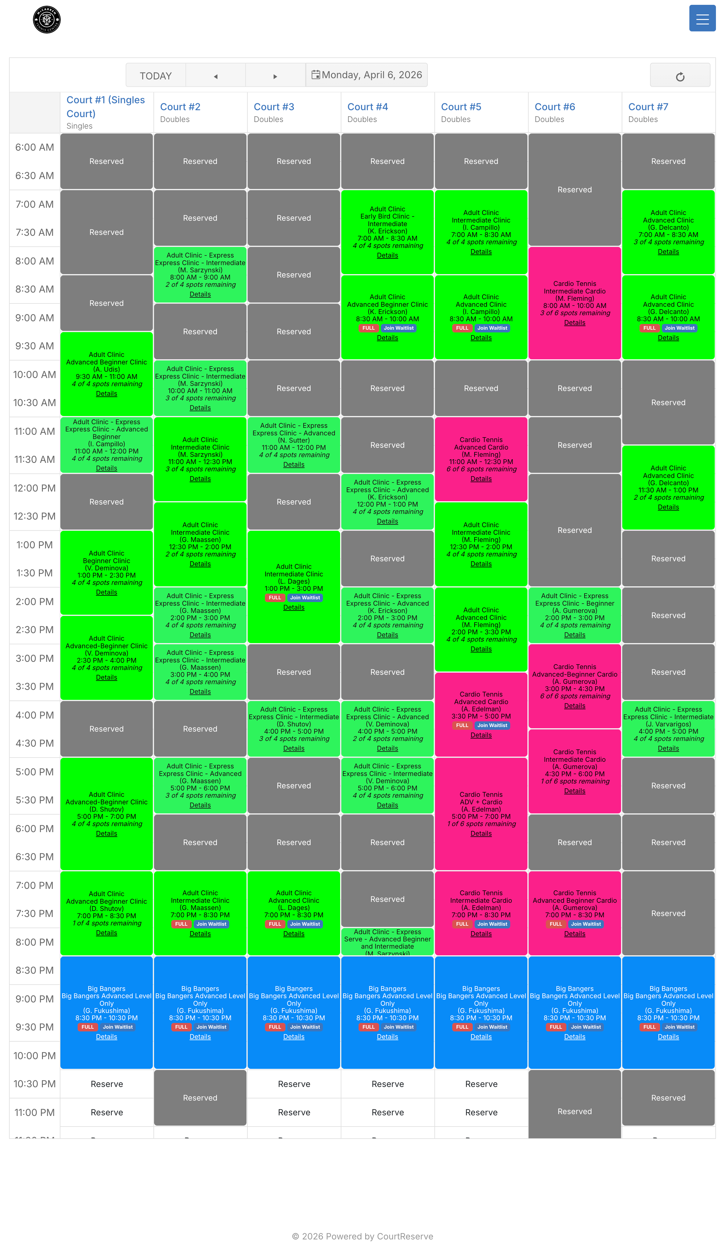McCarren court schedule for Monday April 6, 2026 — weekday prime-time dominated by vendor clinics and reserved blocks.