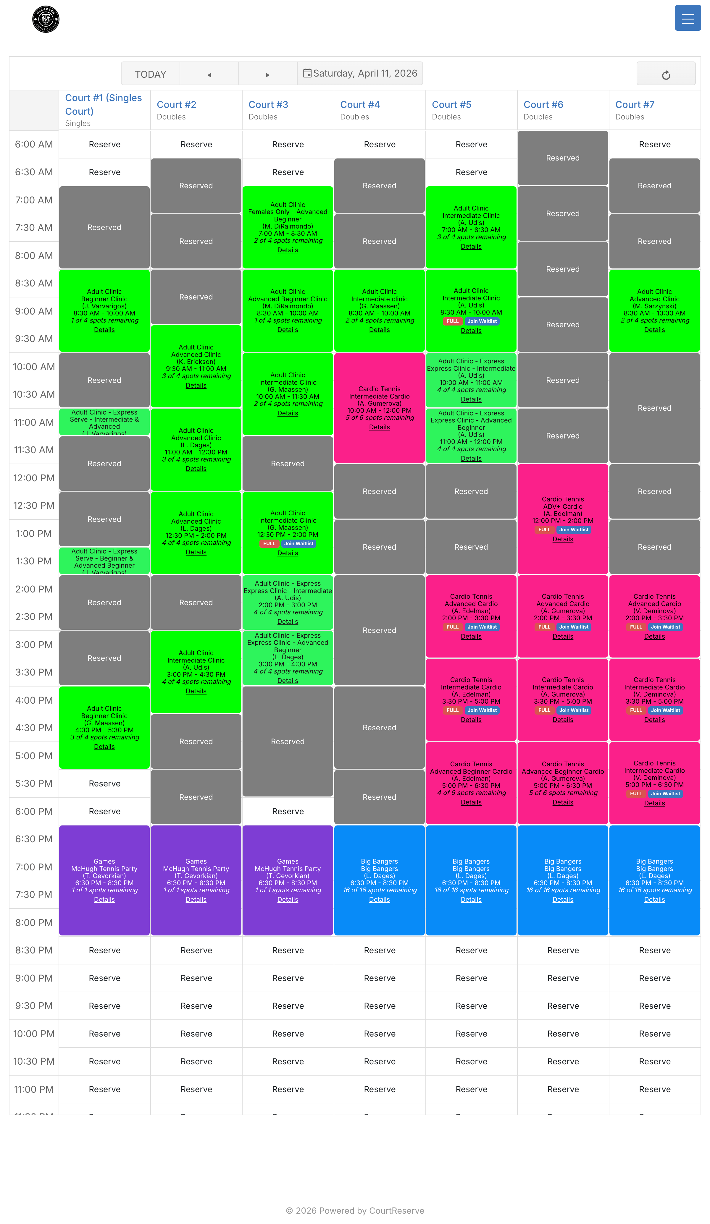 McCarren court schedule for Saturday April 11, 2026.